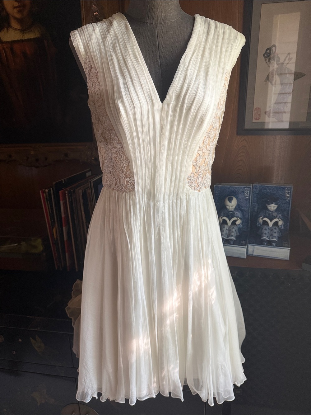 Tadashi Shoji Ivory Pleated V-Neck Mini Dress with Lace Insets